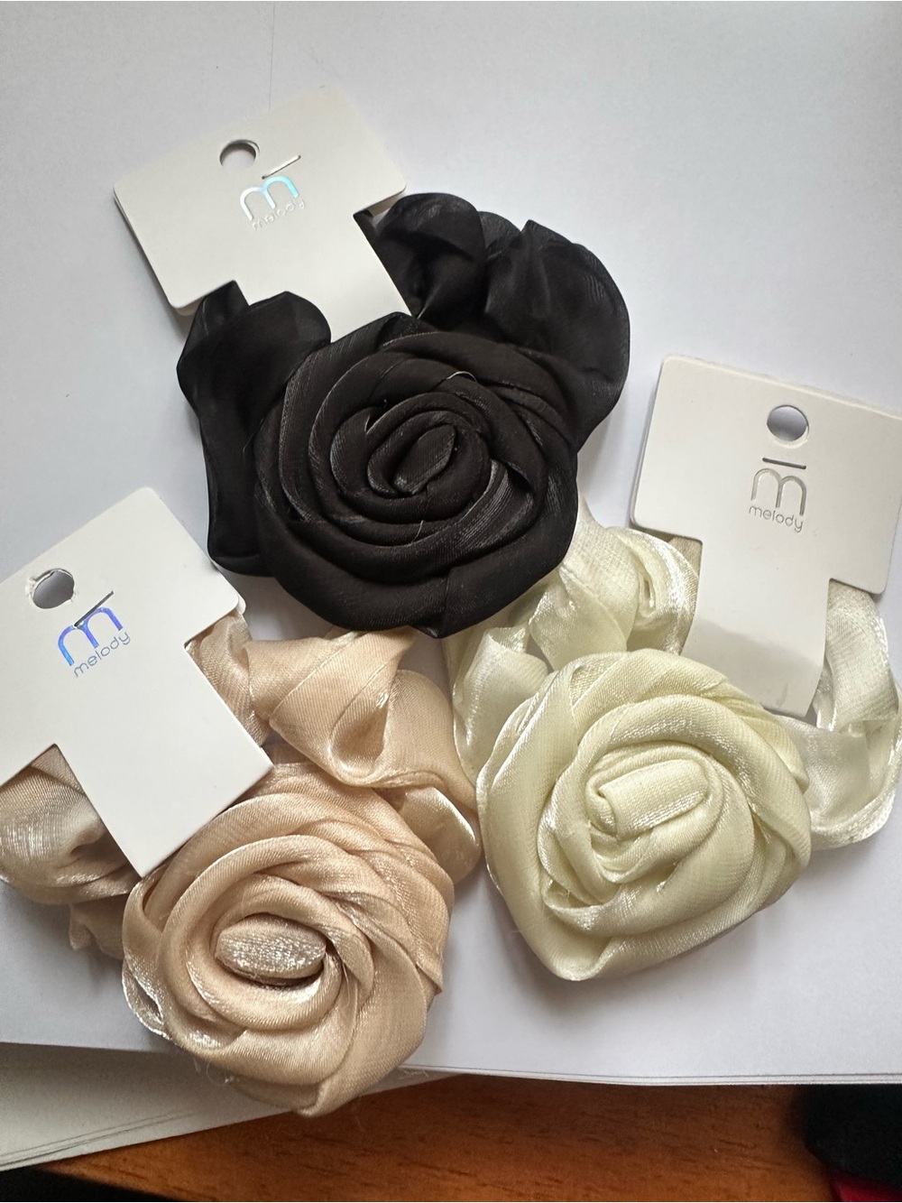 Melody Satin Rose Hair Clip Trio — Black, Cream & Beige